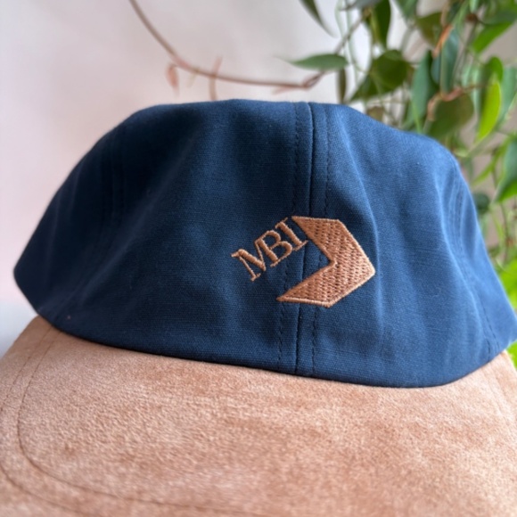 Vintage MBI 2 tone hat blue beige embroided strapback leather dad hat - Picture 2 of 7